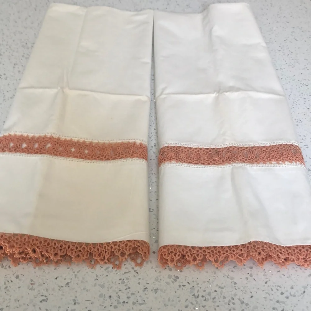 2 Vintage  white pillow cases with peach crochet trim